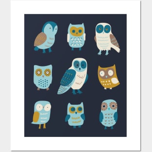 9 Owls - graphic owls in teal, aqua and mustard by Cecca Designs Posters and Art